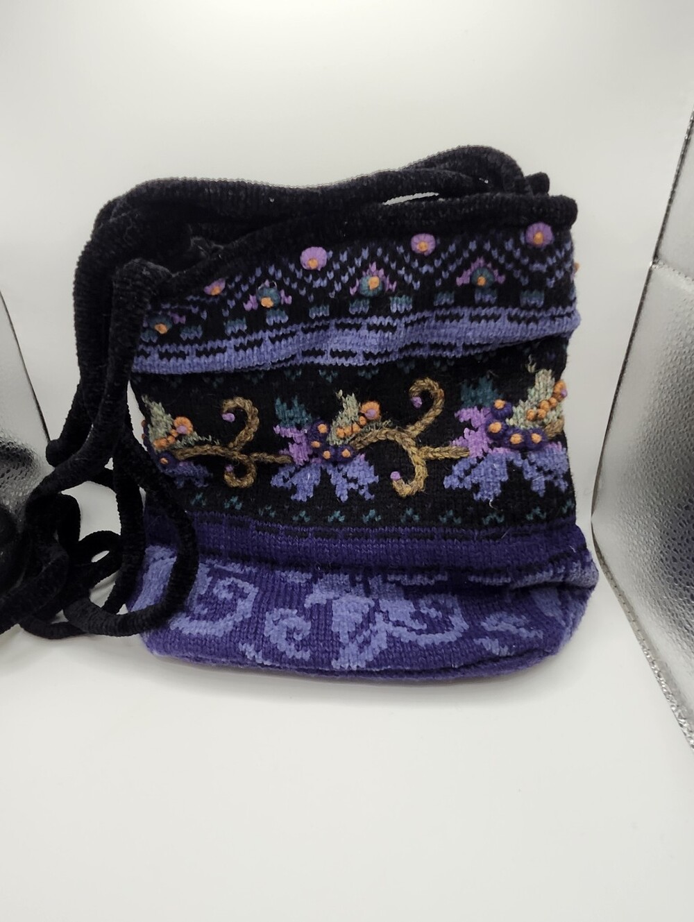 Icelandic Knit Embroidered Purple Knit Crossbody Bag